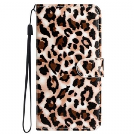Kožený Kryt iPhone 16 Plus Leopardí Vzor S Páskem