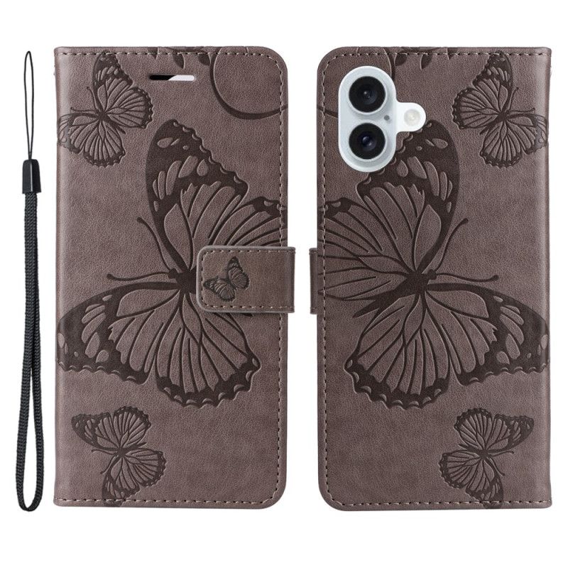 Kožený Kryt iPhone 16 Plus Obří Motýli S Popruhem