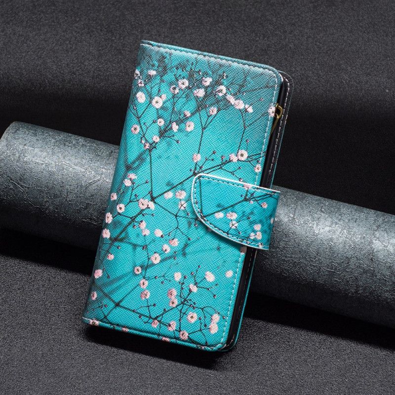 Kožený Kryt iPhone 16 Plus Peněženka Se Švestkovým Květem S Popruhem