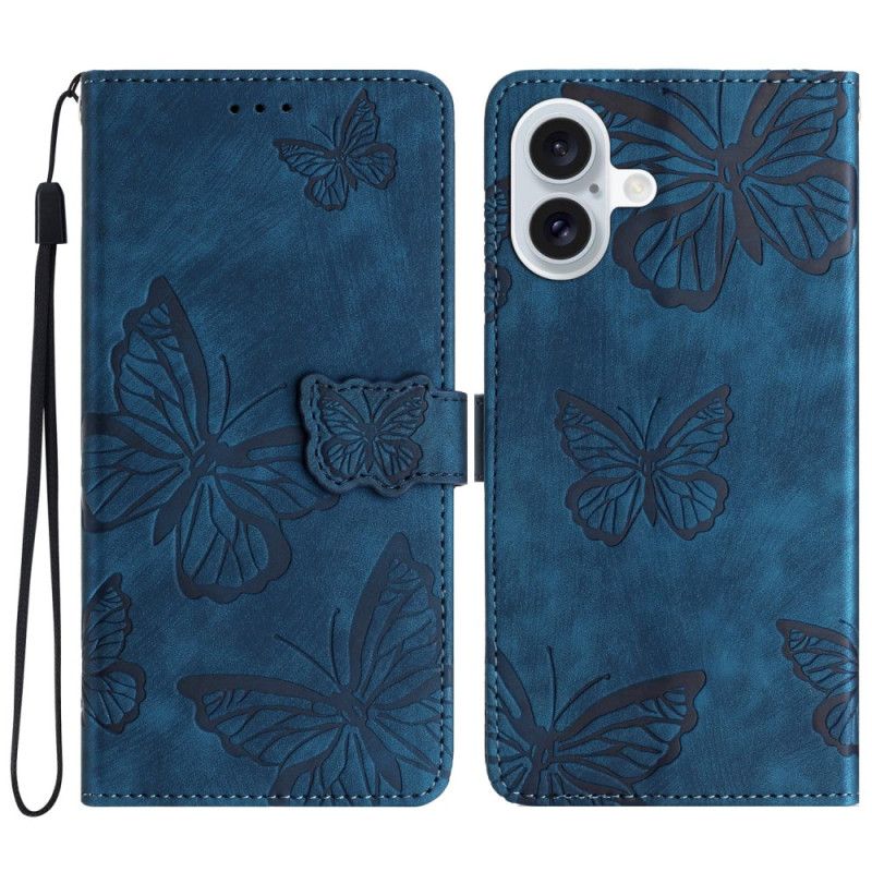 Kožený Kryt iPhone 16 Plus Potisk Motýla S Páskem