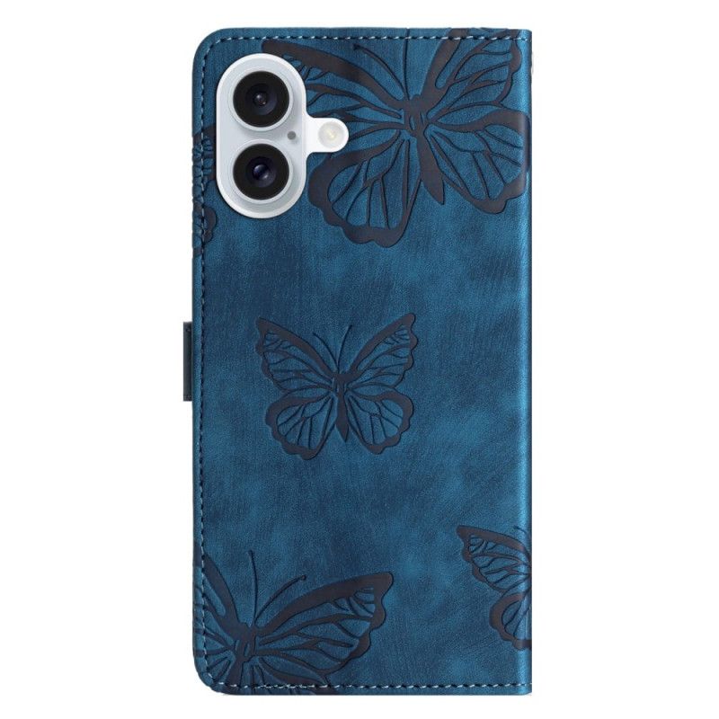 Kožený Kryt iPhone 16 Plus Potisk Motýla S Páskem