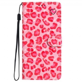 Kožený Kryt iPhone 16 Plus Růžový Leopardí Potisk S Páskem