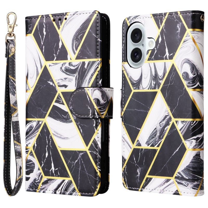 Kožený Kryt iPhone 16 Plus Styl Mramoru S Popruhem