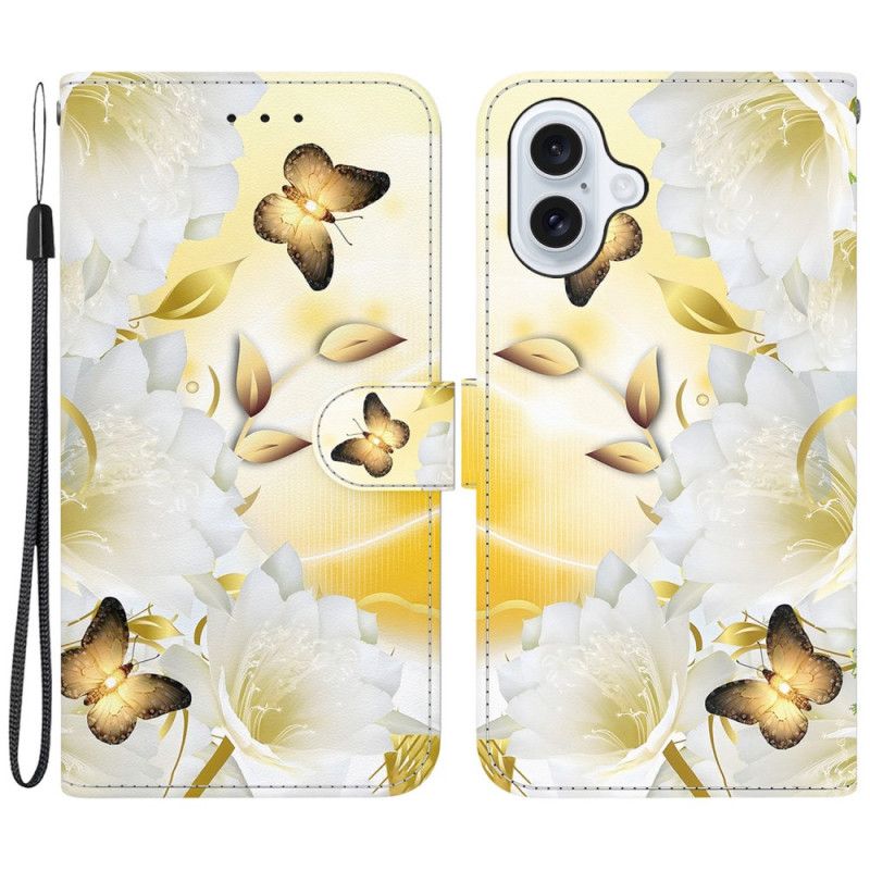 Kožený Kryt iPhone 16 Plus Zlatí Motýli A Bílé Květy S Popruhem