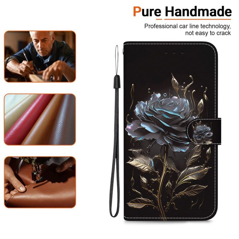 Kožený Kryt iPhone 16 Plus Černá Růže S Popruhem