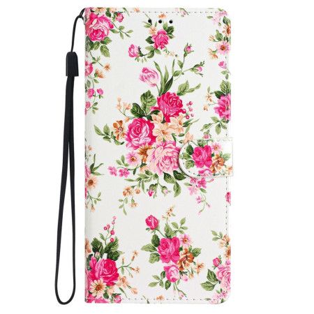 Kožený Kryt iPhone 16 Plus Červené Květy S Popruhem