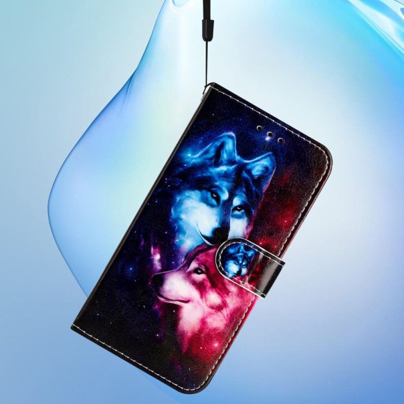 Kožený Kryt Na iPhone 16 Plus Dva Vlci S Popruhy