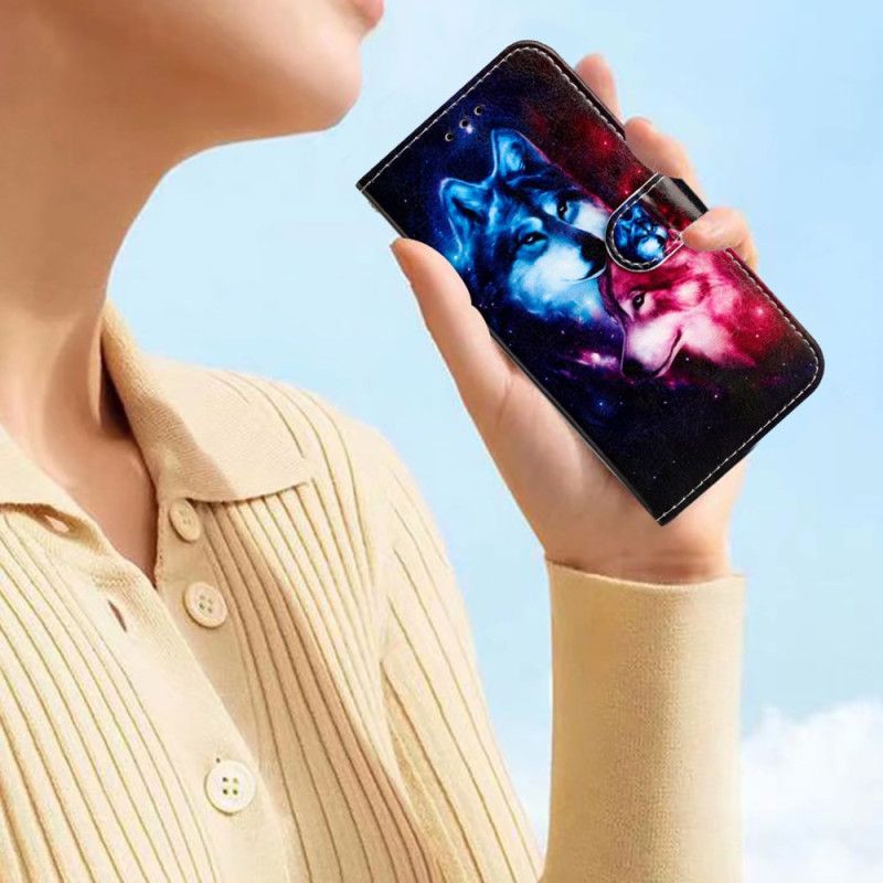 Kožený Kryt Na iPhone 16 Plus Dva Vlci S Popruhy