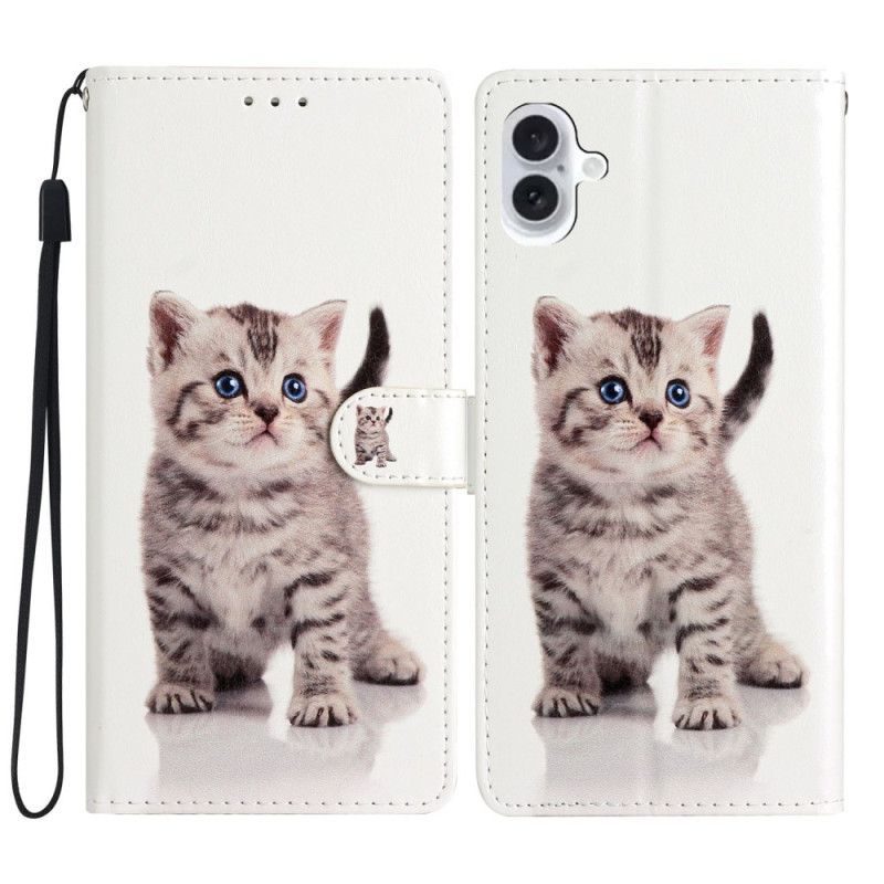 Kožený Kryt Na iPhone 16 Plus Kotě S Popruhem
