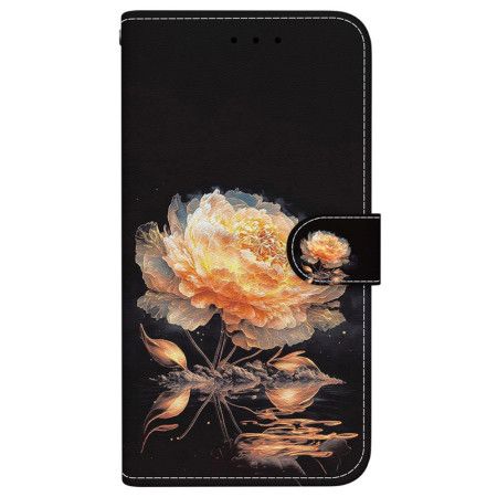 Kožený Kryt Na iPhone 16 Plus Zlatá Pivoňka S Řemínkem