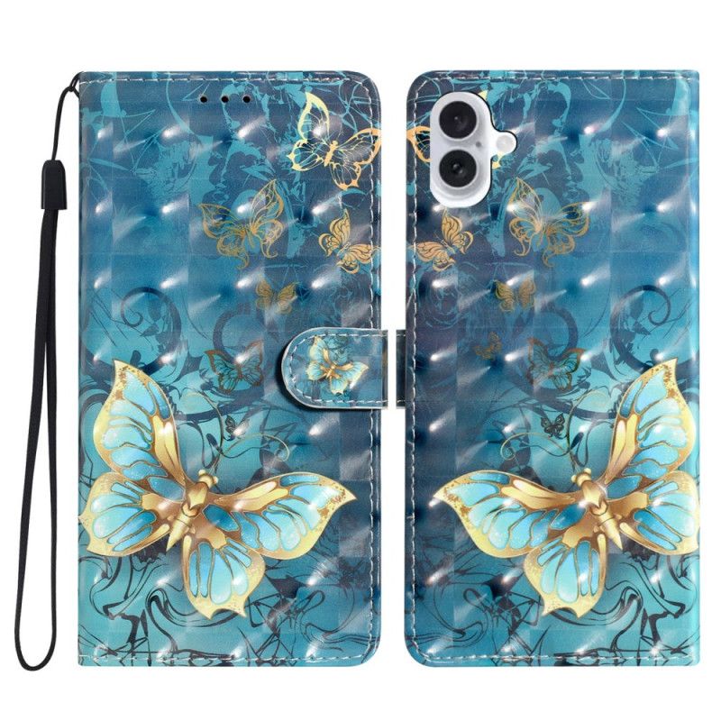 Kožený Kryt Na iPhone 16 Plus Zlatí A Zelení Motýli S Řemínkem