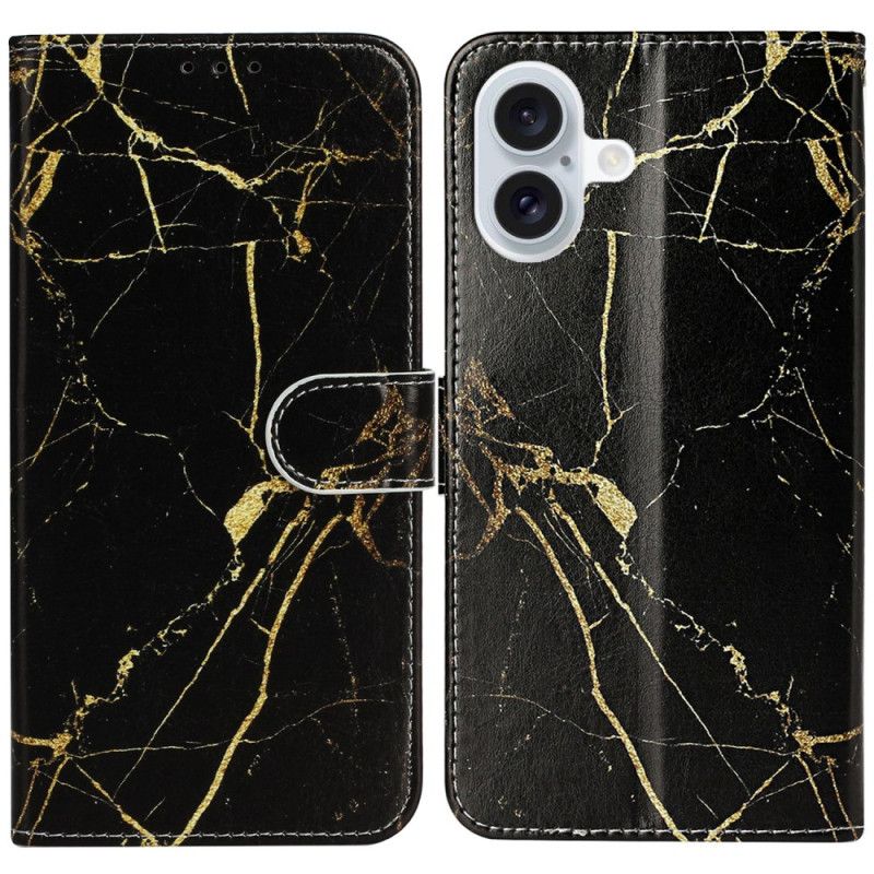 Kožený Kryt Na iPhone 16 Plus Černý Zlatý Mramor