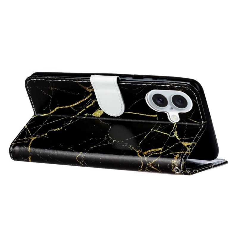 Kožený Kryt Na iPhone 16 Plus Černý Zlatý Mramor