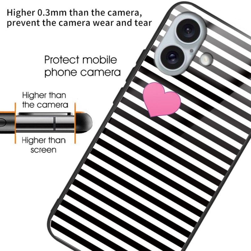 Kryt iPhone 16 Plus Pruhy A Srdce Z Tvrzeného Skla