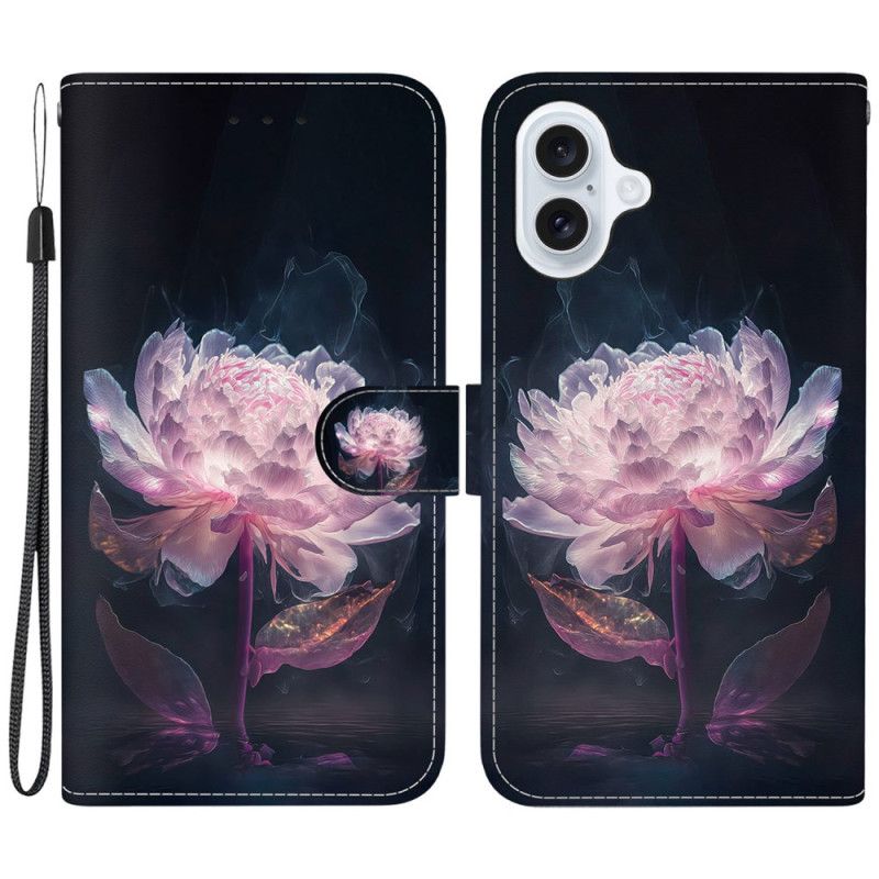 Peněženková Pouzdra iPhone 16 Plus Kryty Na Mobil Fialová Pivoňka S Řemínkem