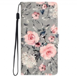 Peněženková Pouzdra iPhone 16 Plus Růžové Květy S Páskem