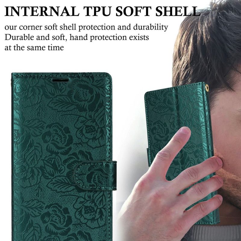 Kožený Kryt Samsung Galaxy S25 Plus 5g Květinový Potisk S Popruhem