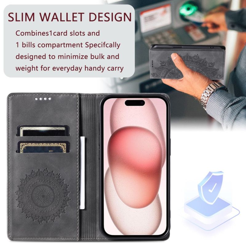 Kožené Pouzdro Folio Na iPhone 16 Pro Efekt Mandala Suede