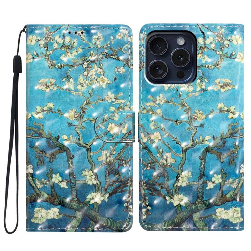 Kožený Kryt iPhone 16 Pro Květinové Umění S Popruhem