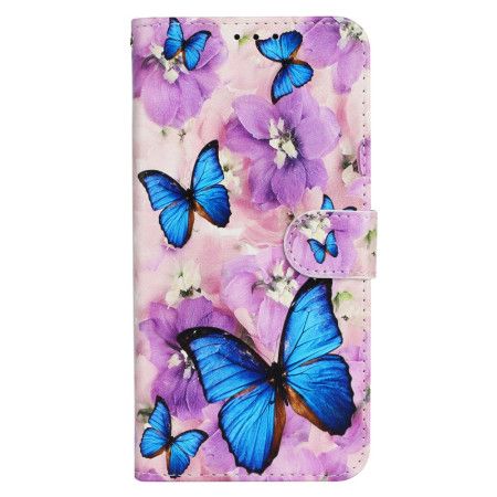 Kožený Kryt iPhone 16 Pro Modrí Motýli A Fialové Květiny S Popruhem