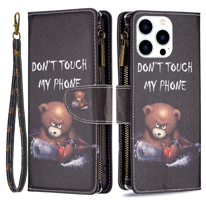 Kožený Kryt iPhone 16 Pro Peněženka S Nebezpečným Medvědem