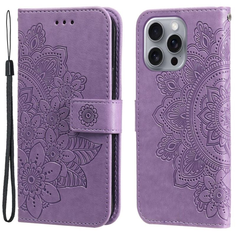 Kožený Kryt iPhone 16 Pro Potisk Mandaly S Páskem