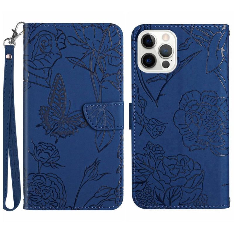 Kožený Kryt iPhone 16 Pro Potisk Motýlů S Páskem