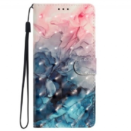 Kožený Kryt iPhone 16 Pro Růžový A Modrý Mramor S Popruhem