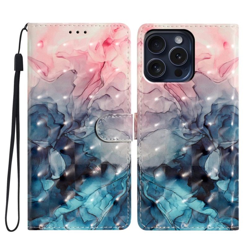 Kožený Kryt iPhone 16 Pro Růžový A Modrý Mramor S Popruhem