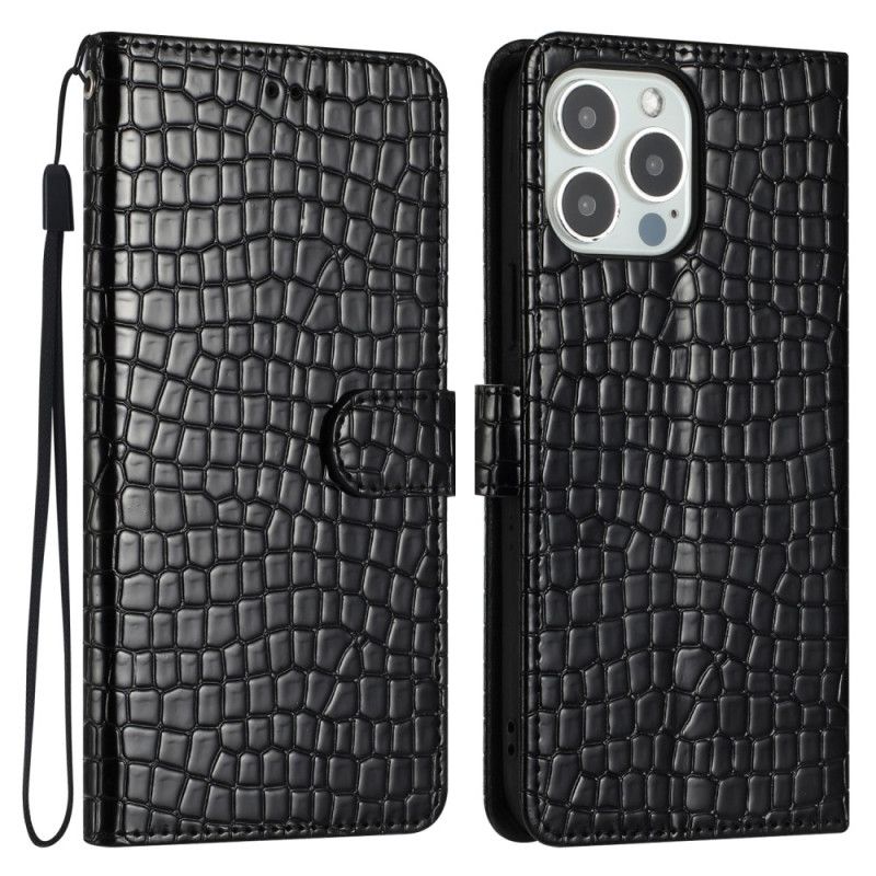 Kožený Kryt iPhone 16 Pro Styl Krokodýl S Popruhem