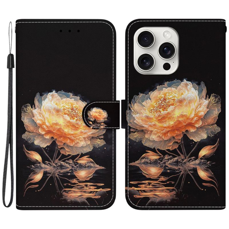 Kožený Kryt iPhone 16 Pro Zlatá Pivoňka S Řemínkem