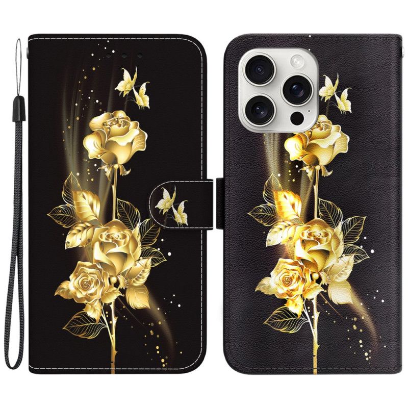 Kožený Kryt iPhone 16 Pro Zlatí A Růžoví Motýli S Řemínkem