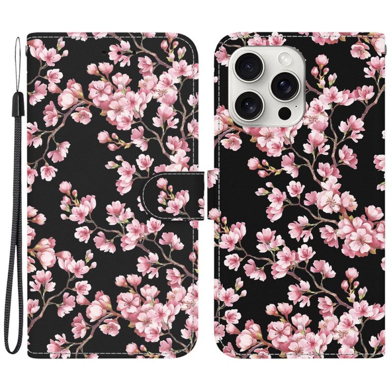 Kožený Kryt iPhone 16 Pro Švestkové Květy S Řemínky