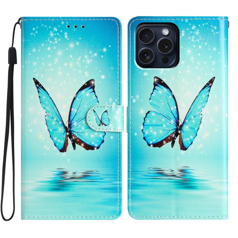 Kožený Kryt Na iPhone 16 Pro Motýl Na Vodě S Popruhem