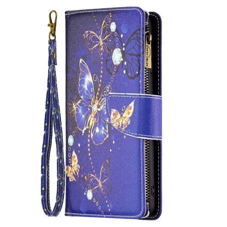 Kožený Kryt Na iPhone 16 Pro Peněženka Purple Butterflies