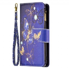 Kožený Kryt Na iPhone 16 Pro Peněženka Purple Butterflies