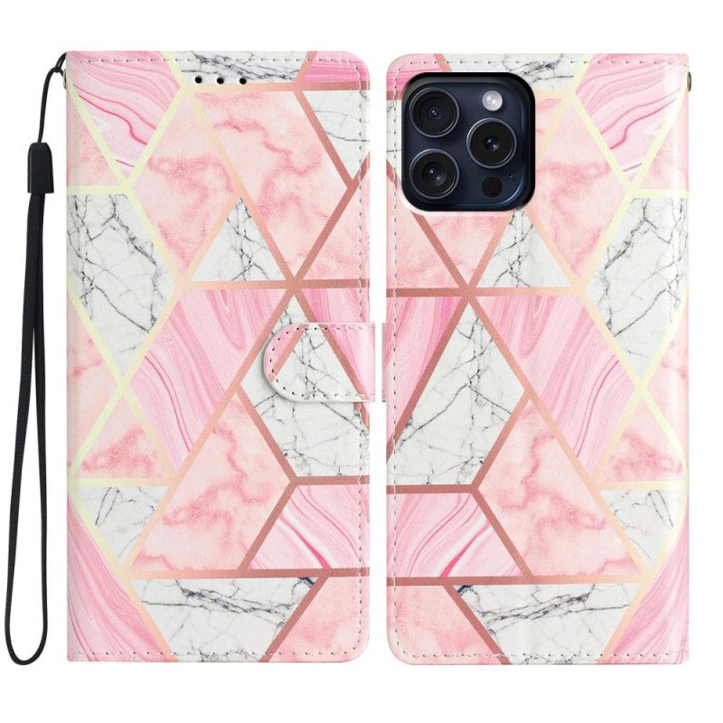 Kožený Kryt Na iPhone 16 Pro Růžový Mramor S Popruhem