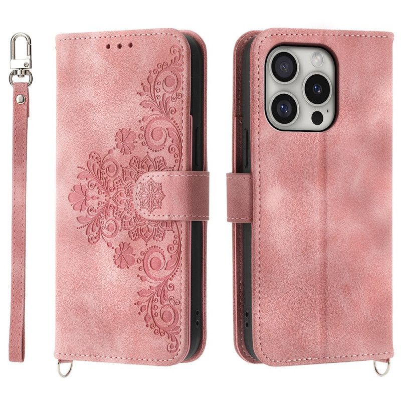 Peněženková Pouzdra iPhone 16 Pro Kryty Na Mobil Krajkový Vzor S Popruhem A Popruhem Přes Rameno