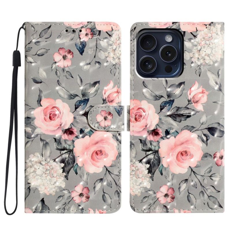 Peněženková Pouzdra iPhone 16 Pro Kryty Na Mobil Růžové Květy Na Šedém Pozadí S Popruhem