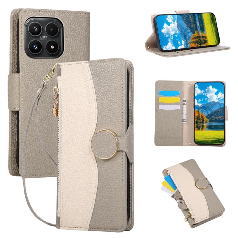 Kožený Kryt Xiaomi 17 Dvoubarevná Peněženka S Poutkem Na Zápěstí