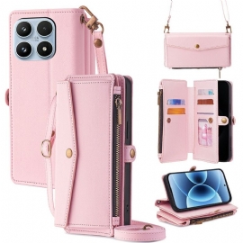 Kožený Kryt Xiaomi 17 Peněženka S Ramenním Popruhem A Šňůrkou Na Zápěstí