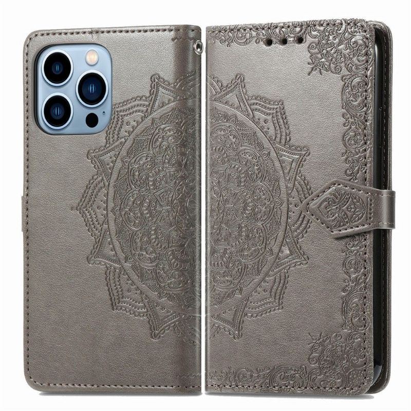 Flipové Pouzdro Na iPhone 13 Pro Mandala S Reliéfem Z Umělé Kůže
