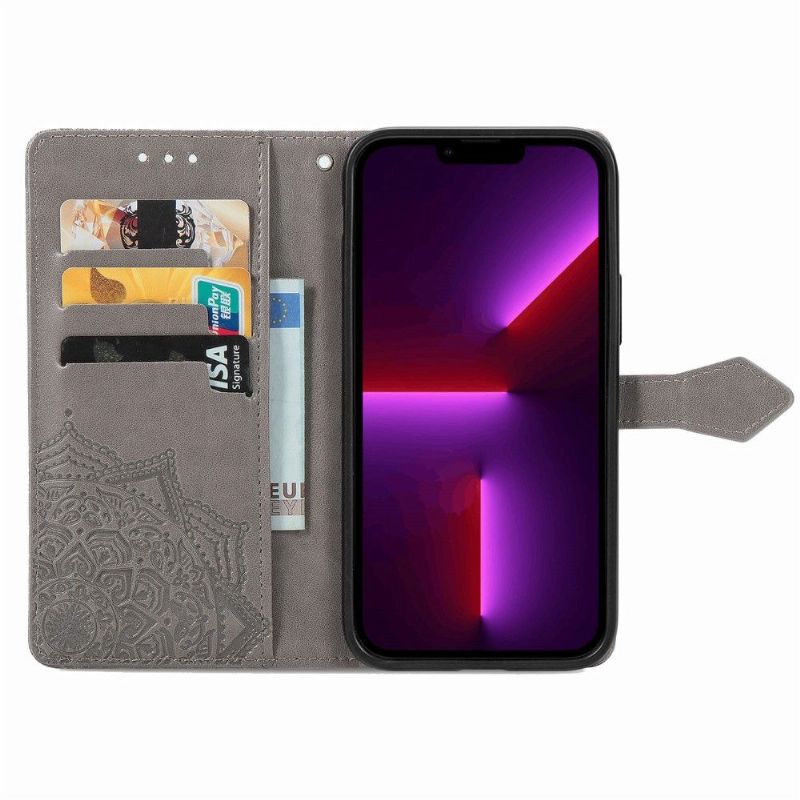 Flipové Pouzdro Na iPhone 13 Pro Mandala S Reliéfem Z Umělé Kůže