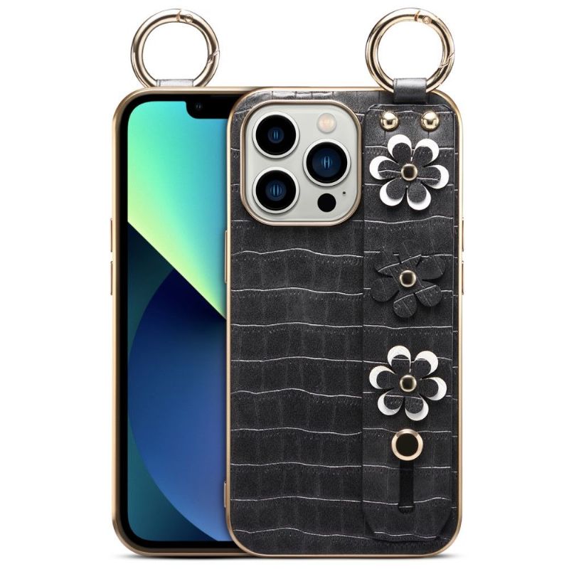 Kryt Na iPhone 13 Pro Kožený Řemínek S Květinovým Efektem