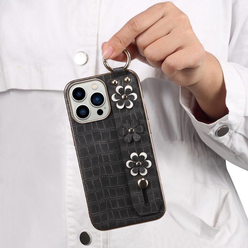 Kryt Na iPhone 13 Pro Kožený Řemínek S Květinovým Efektem