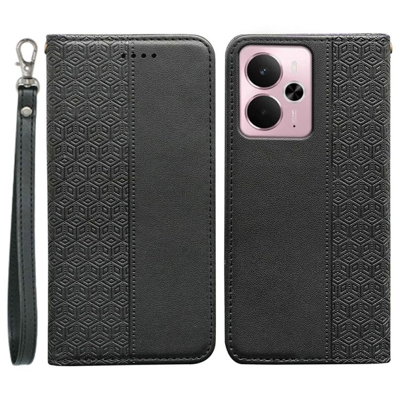 Kožené Pouzdro Folio Na Realme 14 5g Kostkovaný Okraj A Pásek