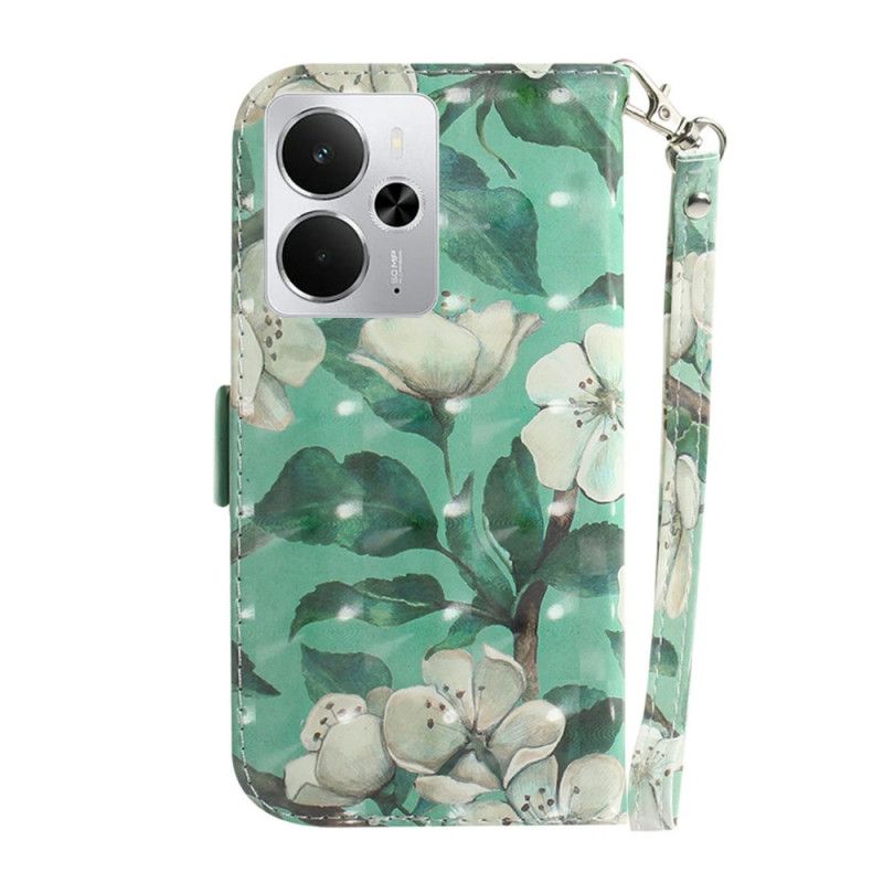 Kožený Kryt Na Realme 14 5g Bílé Květiny Se Šňůrkou