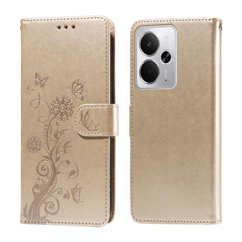 Kožený Kryt Na Realme 14 5g Květiny A Motýli