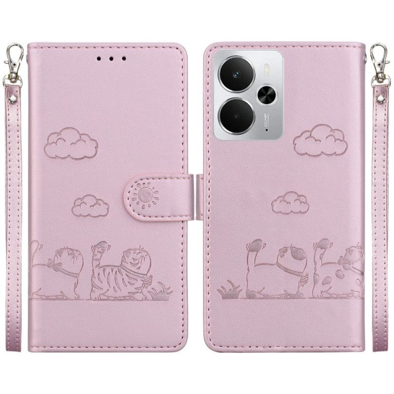 Kožený Kryt Realme 14 5g Rfid Popruh S Kočičí Scénou