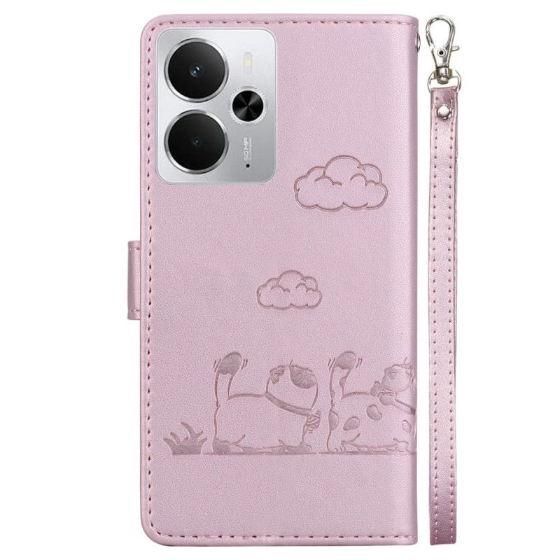 Kožený Kryt Realme 14 5g Rfid Popruh S Kočičí Scénou